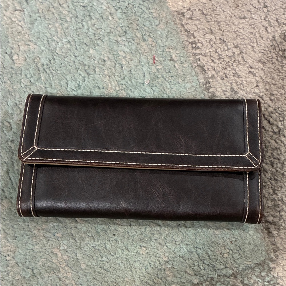 Dark Brown Leather Trifold Wallet with Contrast Stitching
